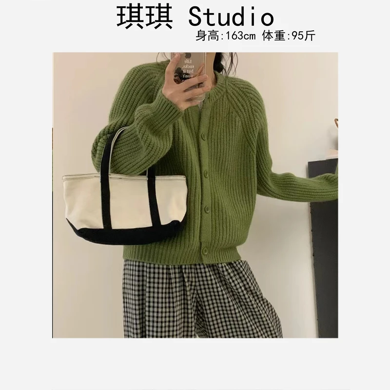 秋冬季新款纯色舒适坑条单排扣气质时尚减龄宽松百搭针织开衫-G