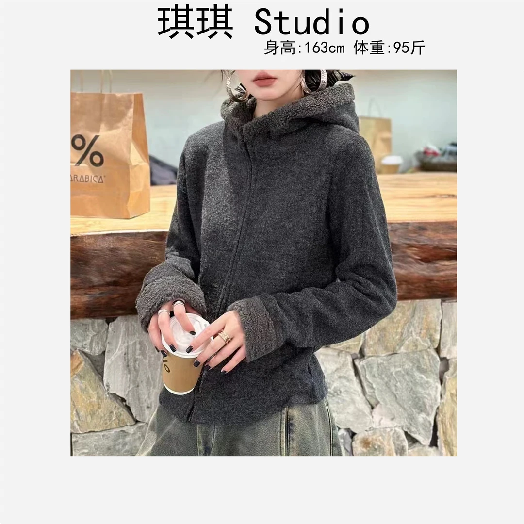 秋冬季新款重工设计感加绒拉链连帽气质时尚显瘦减龄外套9106-G