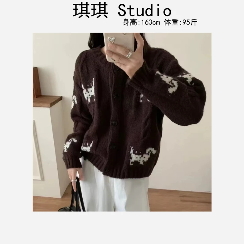 秋季新款潮流气质时尚麻花拼色狗狗图案宽松减龄百搭针织开衫-G