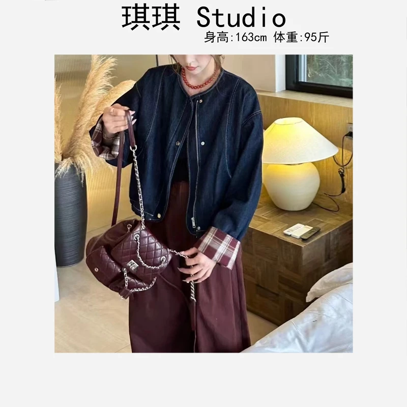 秋季新款潮流时尚复古气质显瘦明线钉扣翻边格子袖洋气百搭外套-G