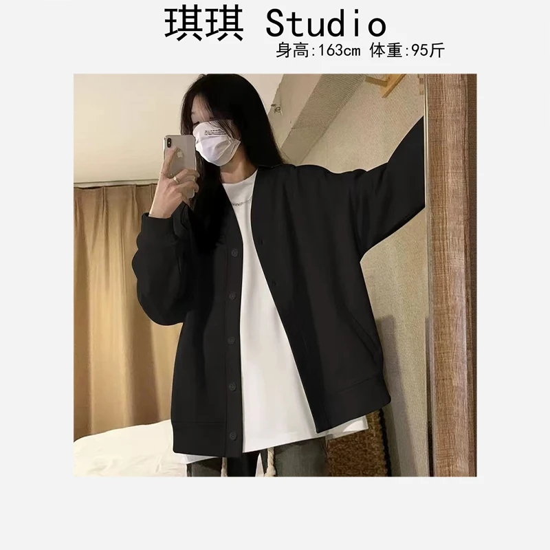 秋季新款纯色舒适v领排扣时尚减龄气质韩版宽松百搭外套8628-G