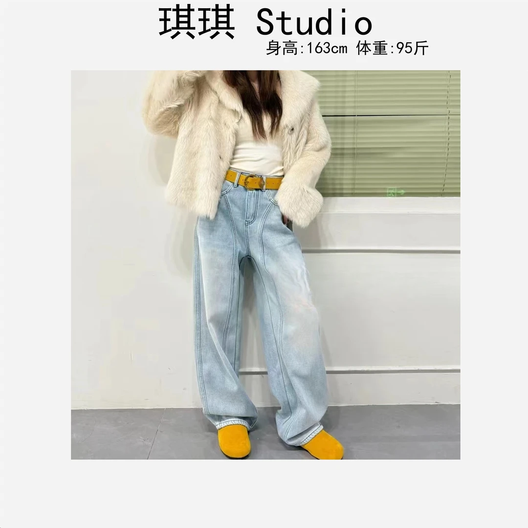 秋冬新款加绒潮流气质时尚铁标字母显瘦线减龄百搭牛仔裤99658-G