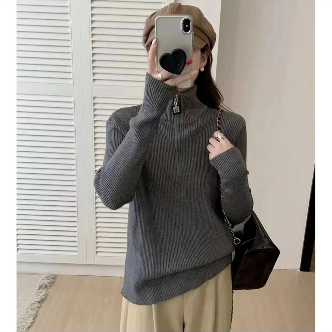 秋季新款重工设计感坑条半拉链贴标字母气质时尚减龄针织衫1188-G