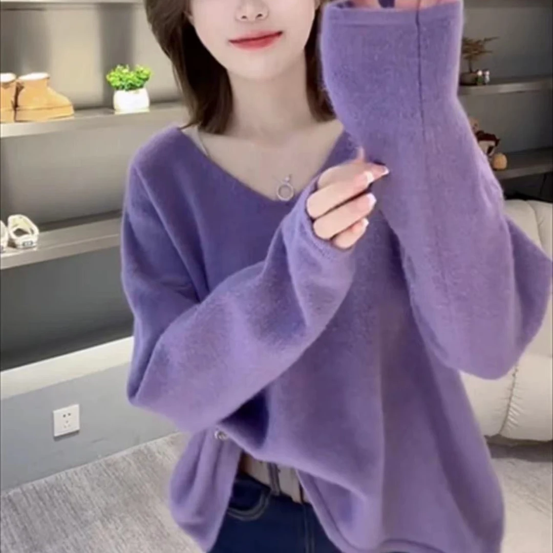 秋季新款纯色v领舒适亲肤包边下摆小铁标减龄宽松百搭针织毛衣-G