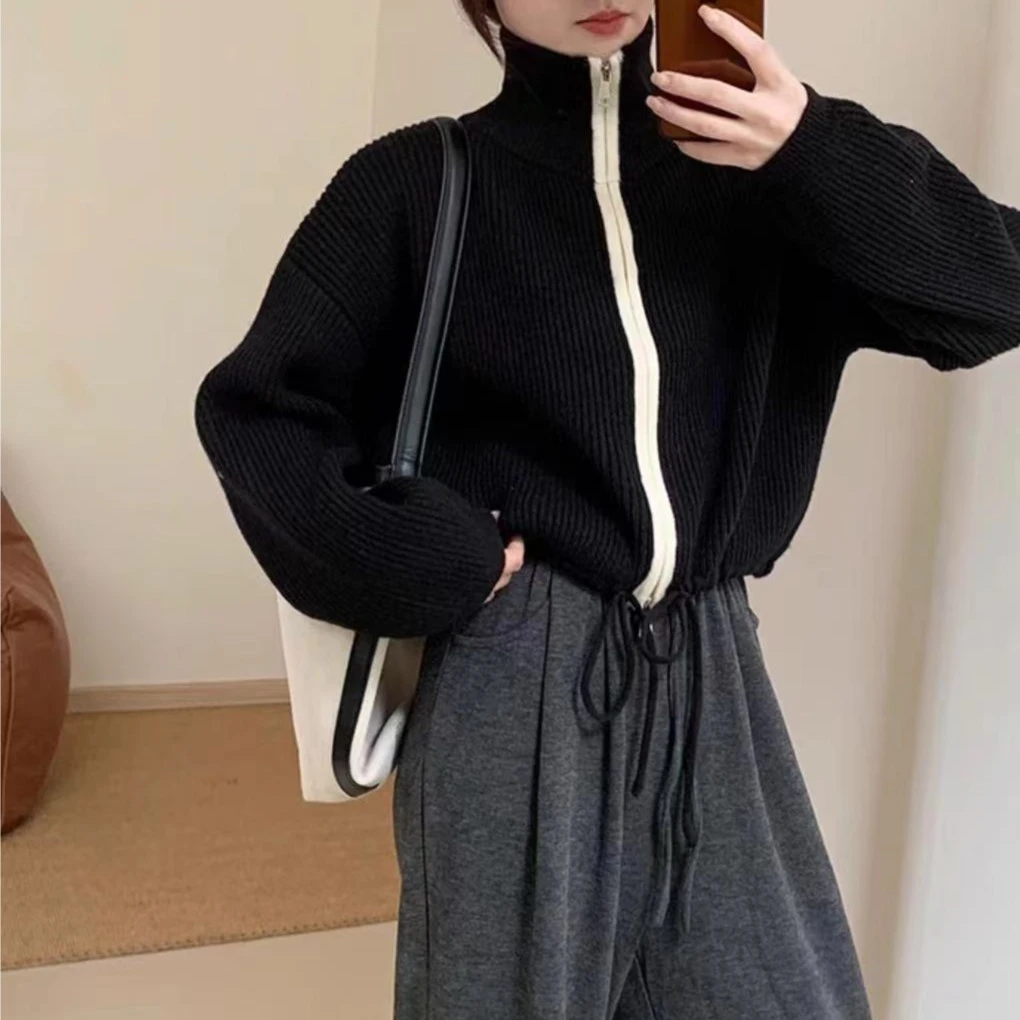 秋季新款极简风潮流设计感拼色拉链立领宽松百搭针织开衫-G