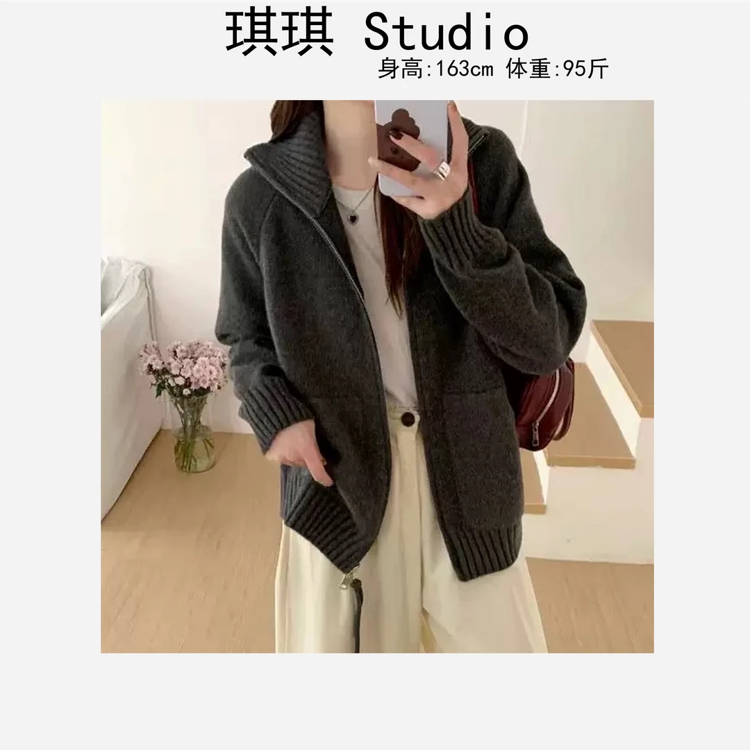 冬季新款立领拉链双口袋气质时尚舒适显瘦减龄百搭针织开衫-10