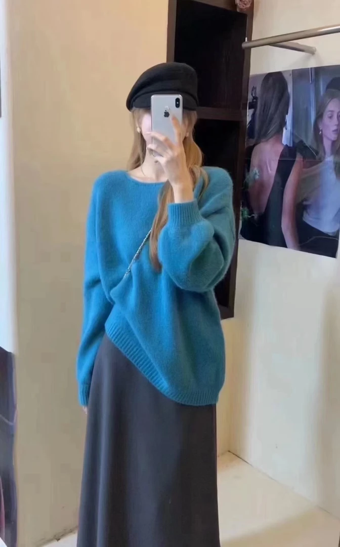 2024秋季新款纯色洋气时尚甜美一字领宽松显瘦减龄百搭针织毛衣-L