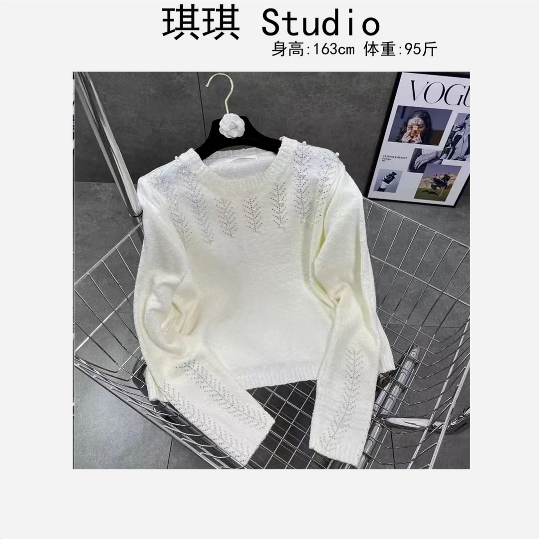 秋冬新款设计轻奢高级枝叶镶钻珠珠气质时尚显瘦减龄针织毛衣-10