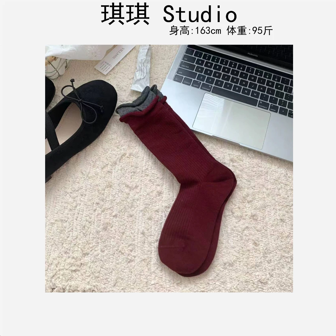 2024秋季新款假两件袜口撞色气质时尚舒适安可拉红百搭中筒袜-77