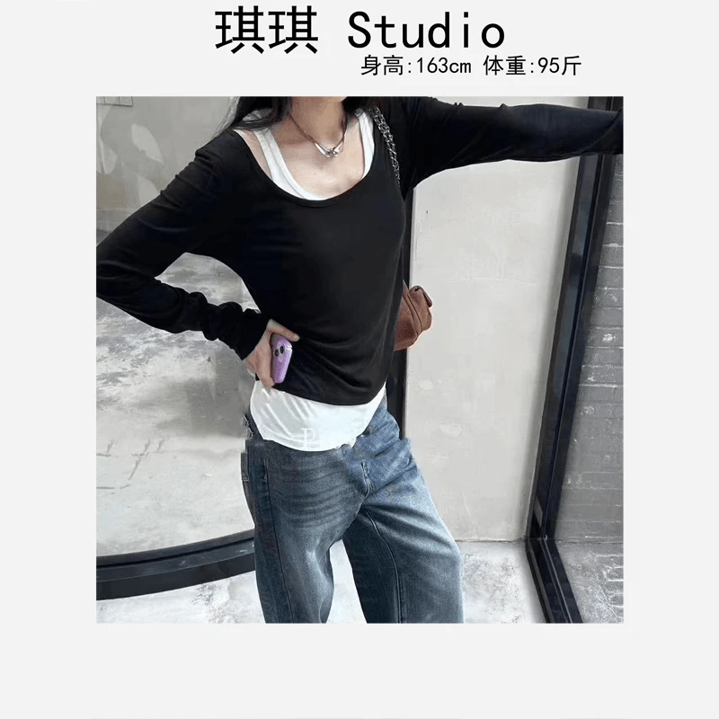 秋季新款重工设计感背心吊带假两件时尚气质显瘦减龄长袖T恤988-M