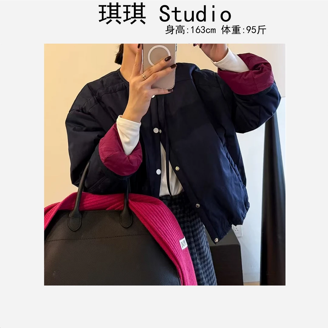 秋冬季新款内里拼色单排摁扣鱼骨显瘦线飘带气质显瘦减龄棉衣-C