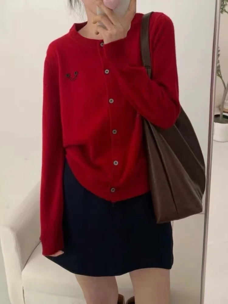 秋冬季简约气质设计感扣子笑脸休闲减龄百搭显瘦针织开衫-S