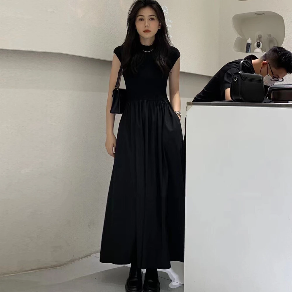 春夏赫本风飞飞袖黑色拼接连衣裙法式收腰高级感时尚显瘦小黑裙女