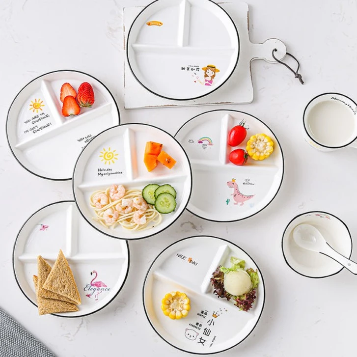 陶瓷分格盘211分餐盘圆形三格早餐盘子网红方形一人食家用分隔盘