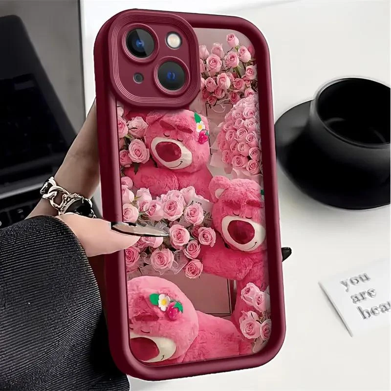 粉玫瑰草莓熊iPhone苹果14手机壳全包高级感硅胶新款卡通防摔软壳