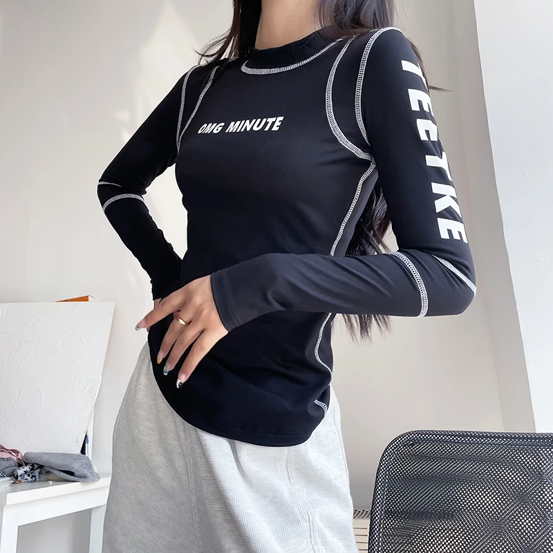 TEETKE健身服女秋冬弹力紧身训练显瘦运动T恤字母瑜伽上衣长袖新