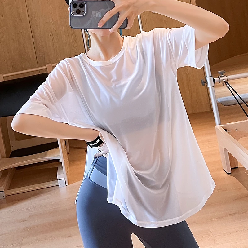 TEETKE网纱运动短袖女宽松瑜伽服女薄款透气速干健身上衣跑步罩衫