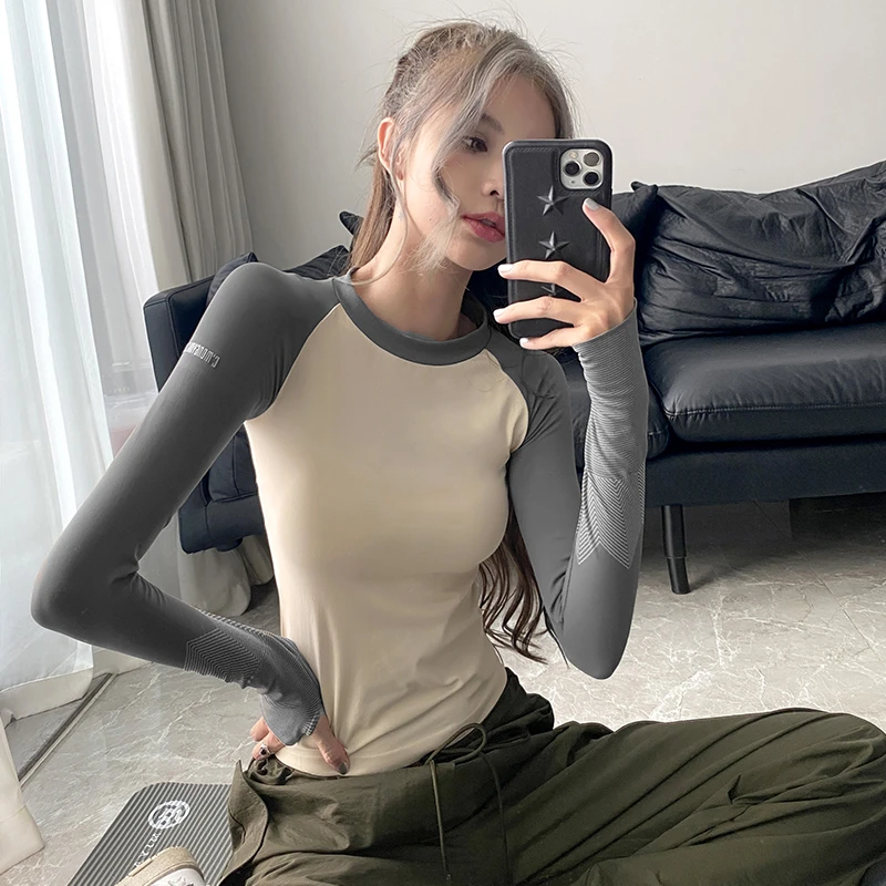TEETKE撞色瑜伽服女长袖紧身显瘦弹力跑步运动上衣秋冬健身打底衫