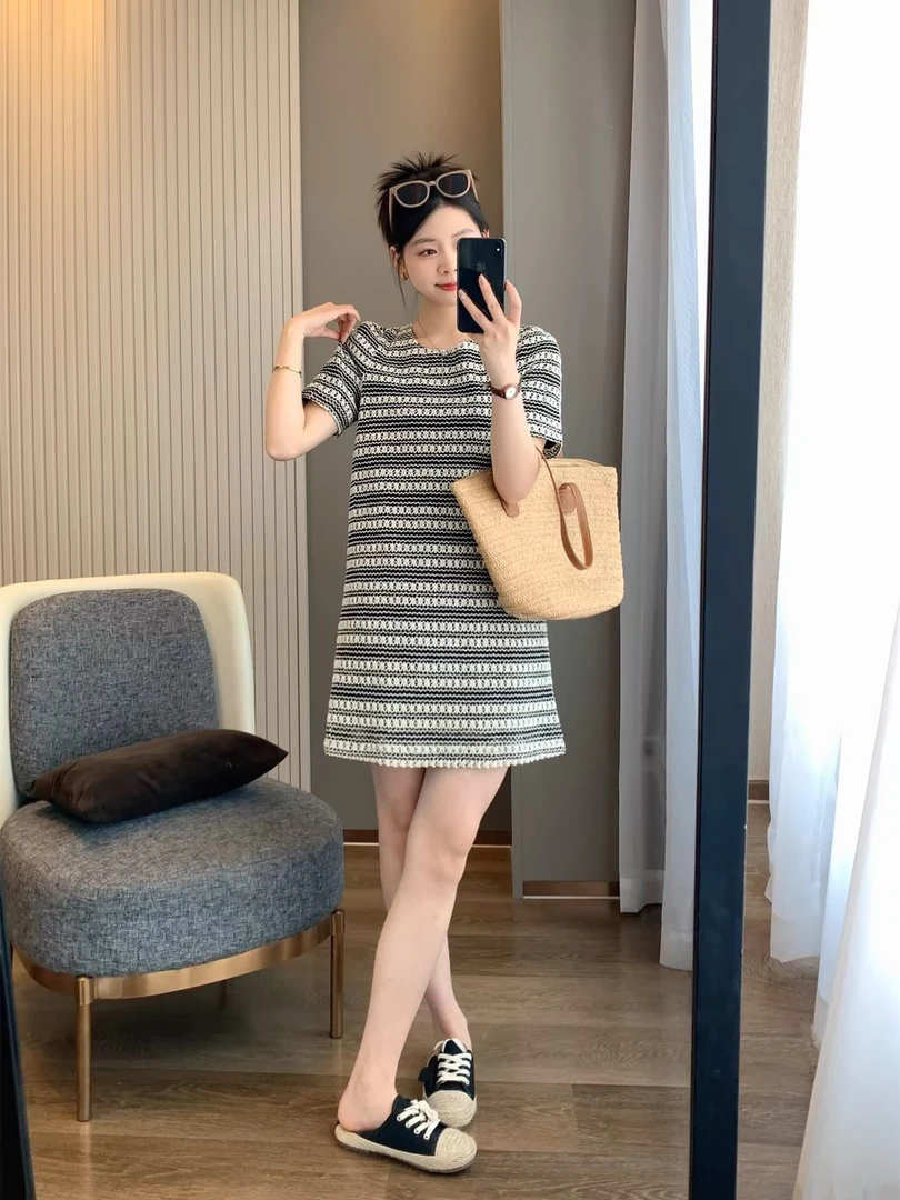 【JX条纹连衣裙宽松】小香风显瘦气质针织时尚夏季圆领裙子休闲百搭