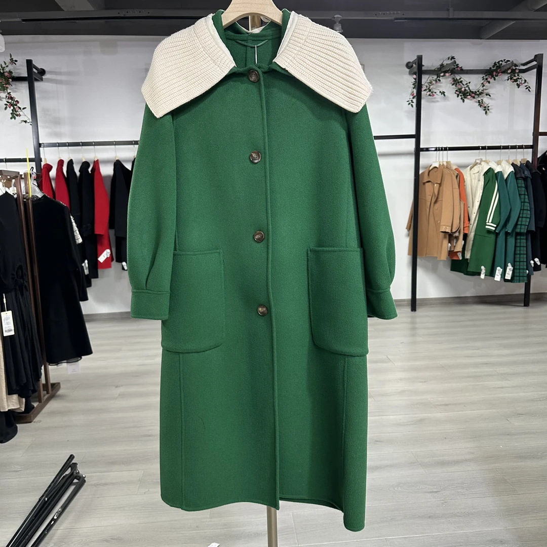 【G10绿色白针织领毛呢外套】女装时尚中长款秋冬气质翻领百搭女士