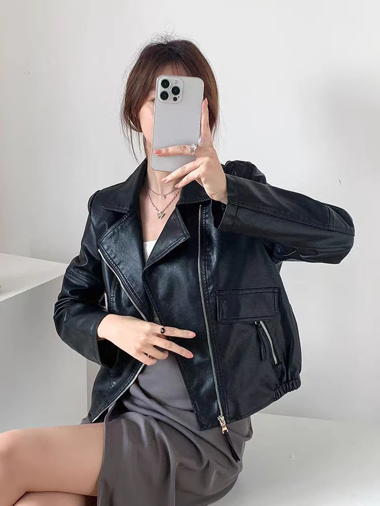 【JXY66皮衣】防风防水休闲时尚黑色网红百搭女士修身翻领