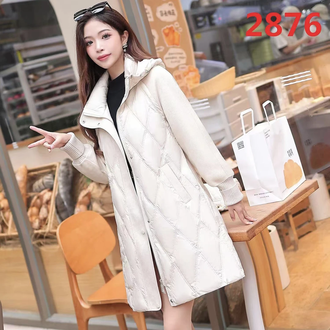 【JX2876中长款双拼毛呢外套】时尚休闲女士连帽加厚百搭宽松修身