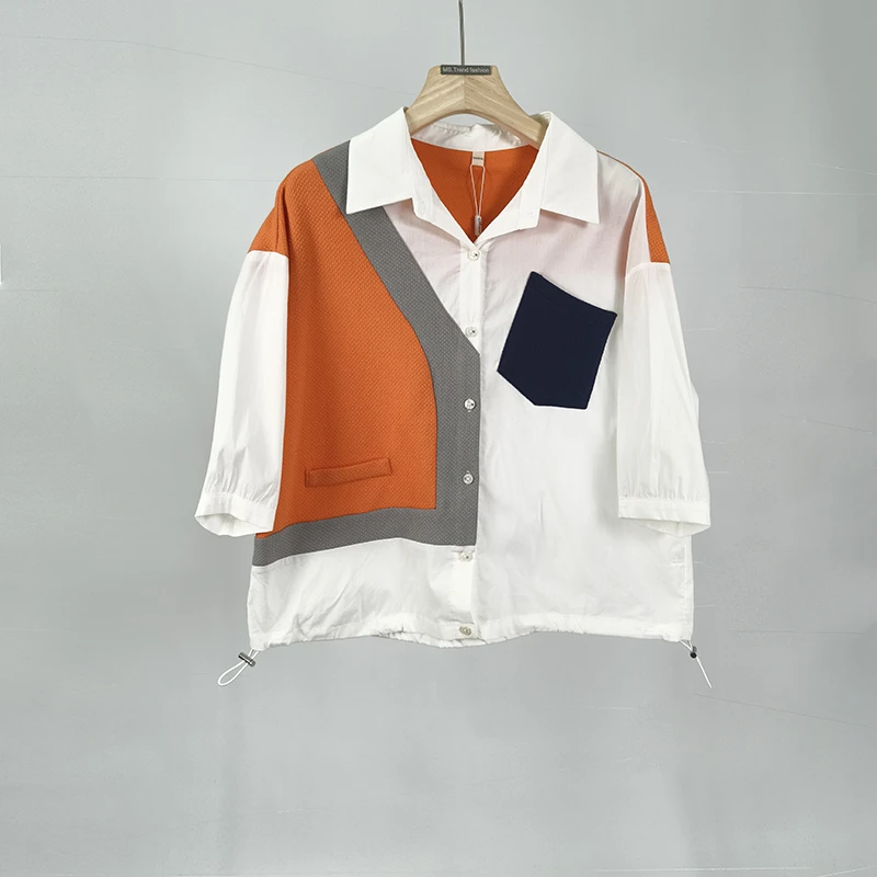 【JX68橙绿拼接】时尚百搭休闲2024新款拼接衬衫假两件衬衣