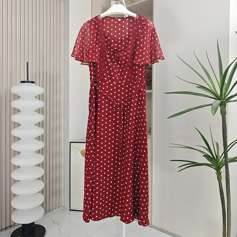 【JX爱心598】夏季女士红色波点中长款短袖连衣裙