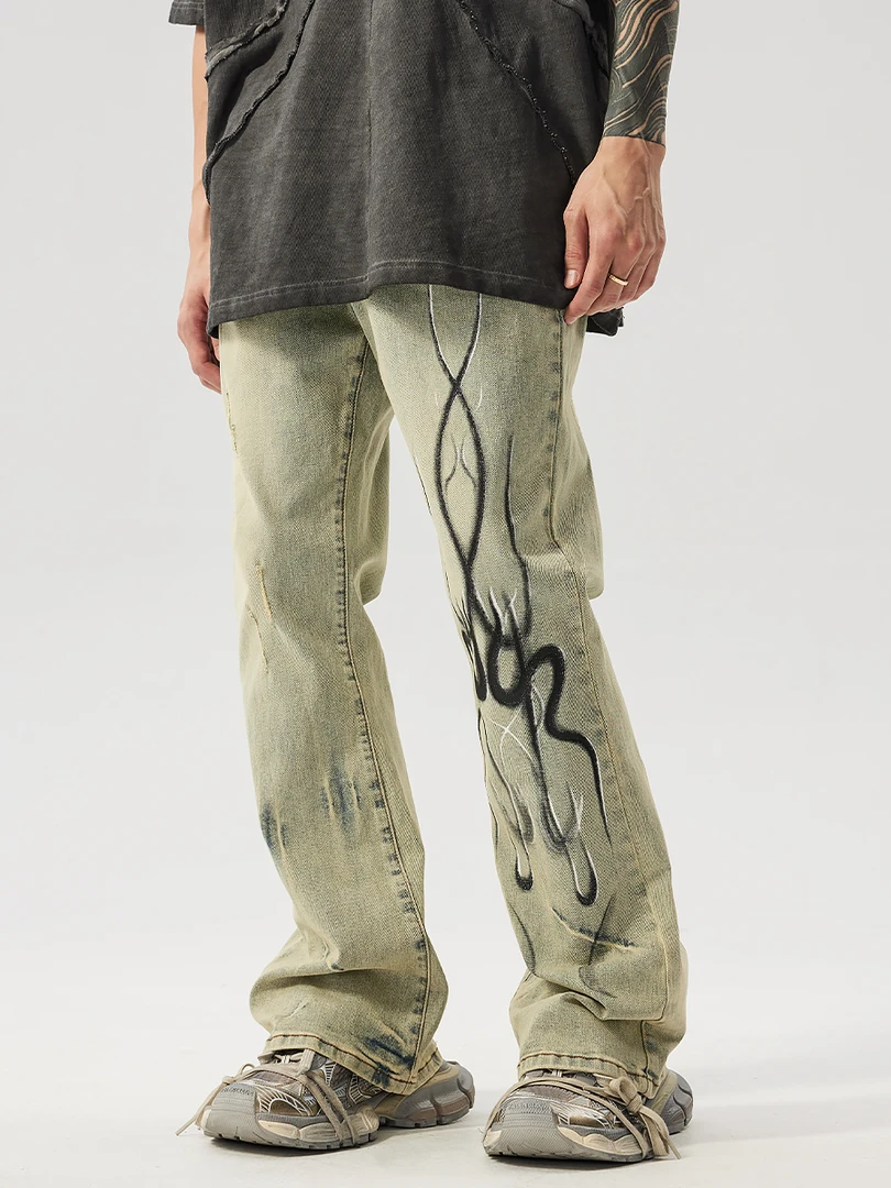 新因素高街美式牛仔裤男水洗做旧火焰残影微喇叭vibe风裤子显瘦裤