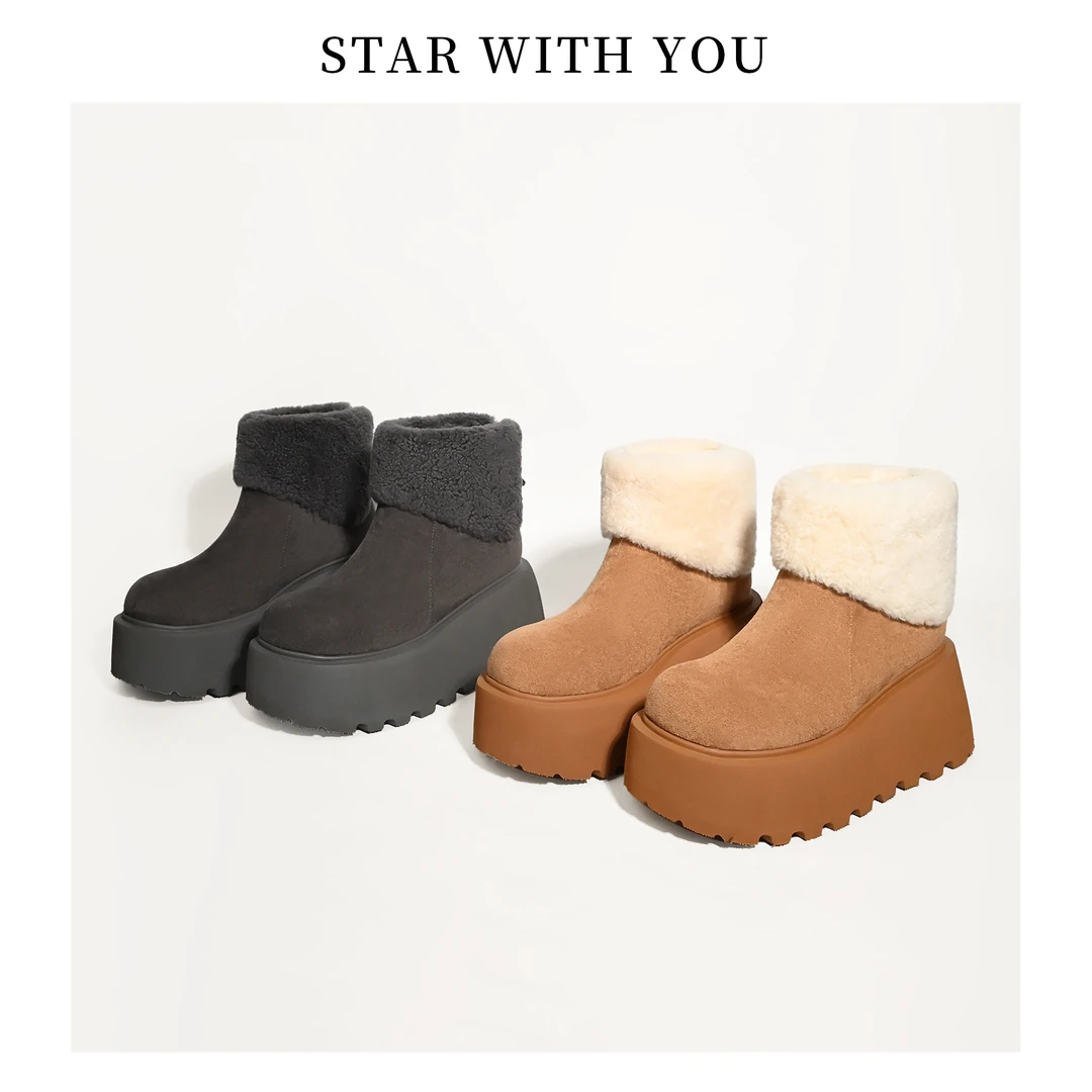 【STAR】时尚翻毛拼接厚底增高雪地靴绒面羊羔毛加厚保暖女靴8cm