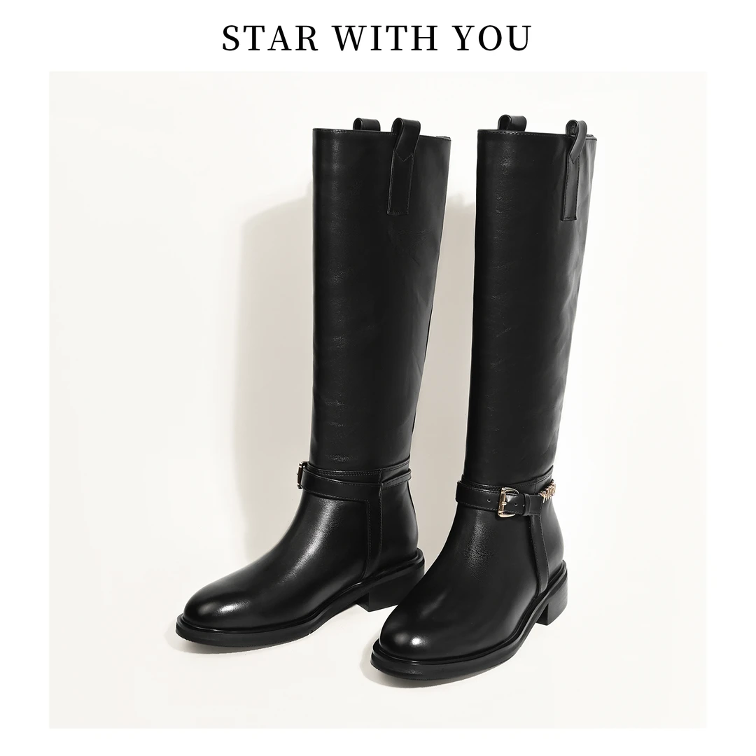 【STAR】高端版~博主推荐秋冬厚底真皮圆头扣带长筒骑士靴3.5cm