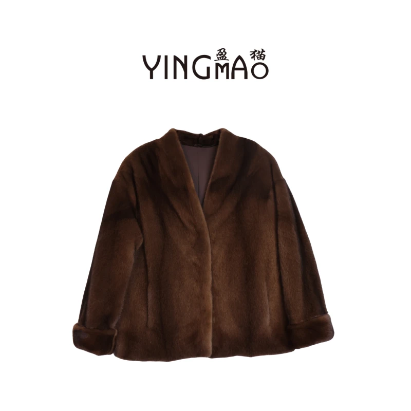 盈猫进口水貂皮草|天鹅绒水貂2023落肩V领挽袖短款水貂绒毛外套