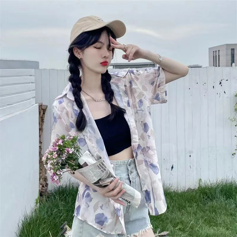 港风复古印花盐系衬衫女夏季宽松短袖设计感小众防晒衫薄款上衣潮
