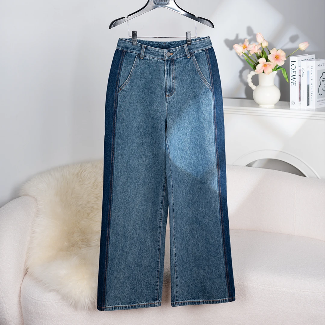 GIRDEAR/哥弟 新款时尚百搭拼色设计感丹宁风直筒牛仔裤女1196496