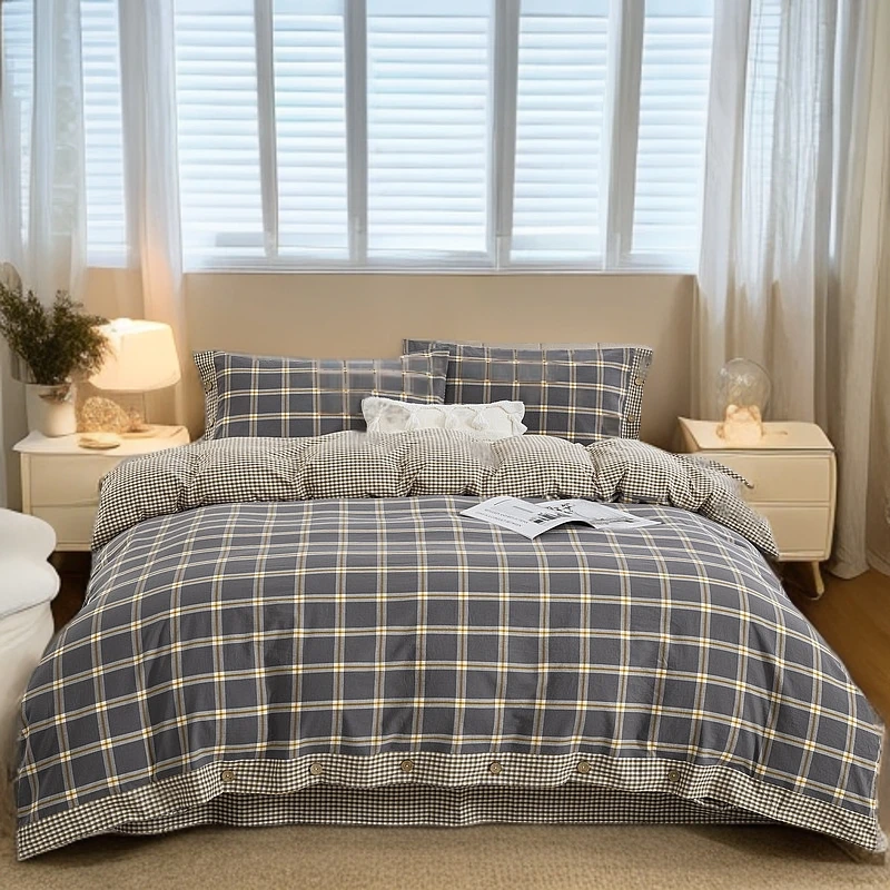良品绘【星辰灰-纽扣四件套】经典格子高端全棉水洗棉亲肤柔软松弛A