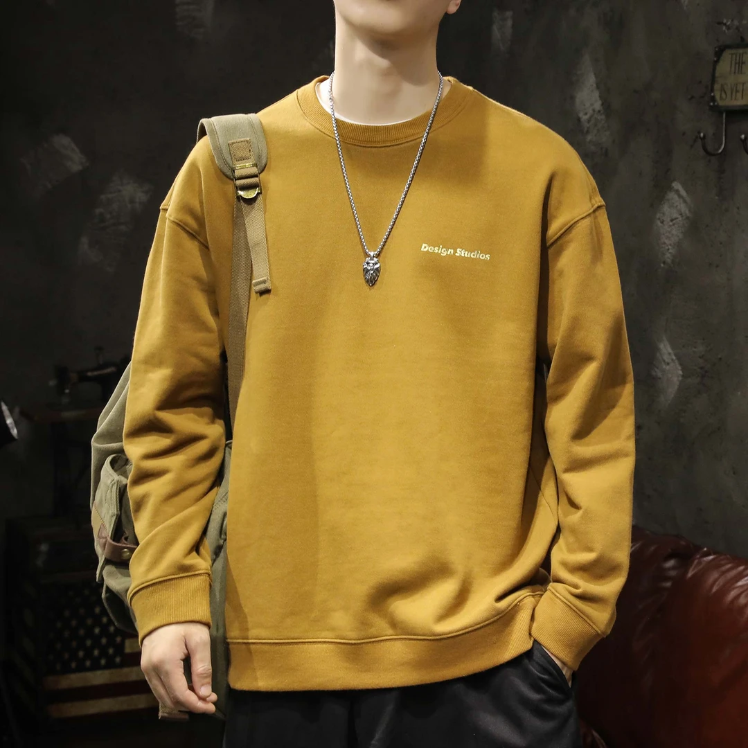 高级感卫衣男士2024春秋新款圆领宽松大码上衣纯棉长袖圆领打底衫