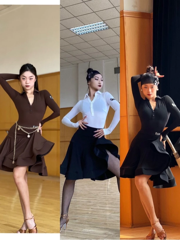 CLW拉丁舞服衬衫领长袖上衣搭配百搭鱼骨裙