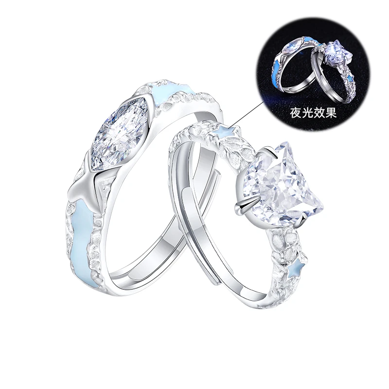 925银合成锆石戒指 鱼猫情侣对戒925纯银小众夜光送女友礼物