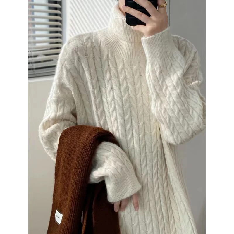 秋冬新品！纸片人极简慵懒宽松高领毛衣裙绞花针织长款羊毛连衣裙