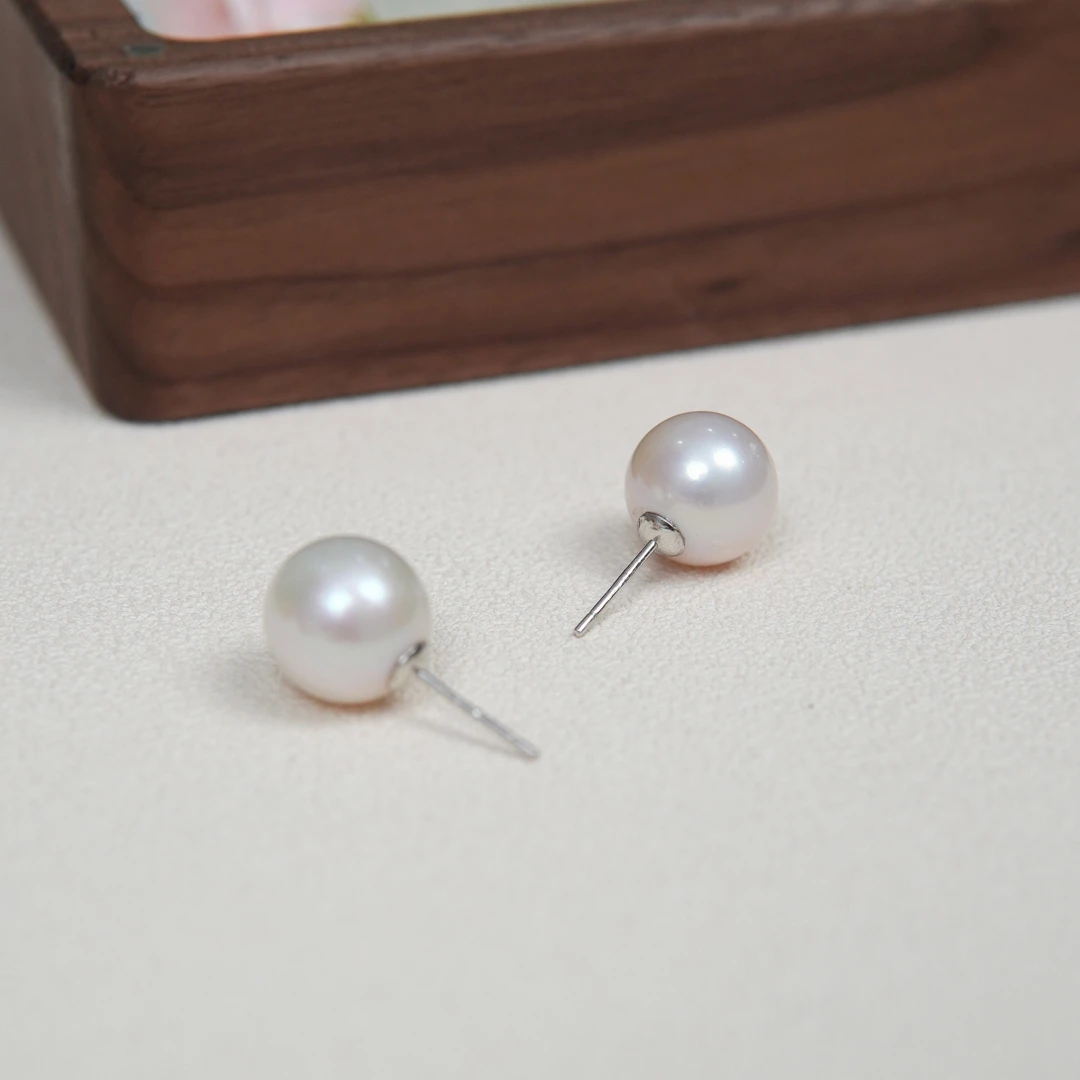 9-11mm淡水珍珠耳钉925银耳针极光正圆时尚简约百搭耳饰