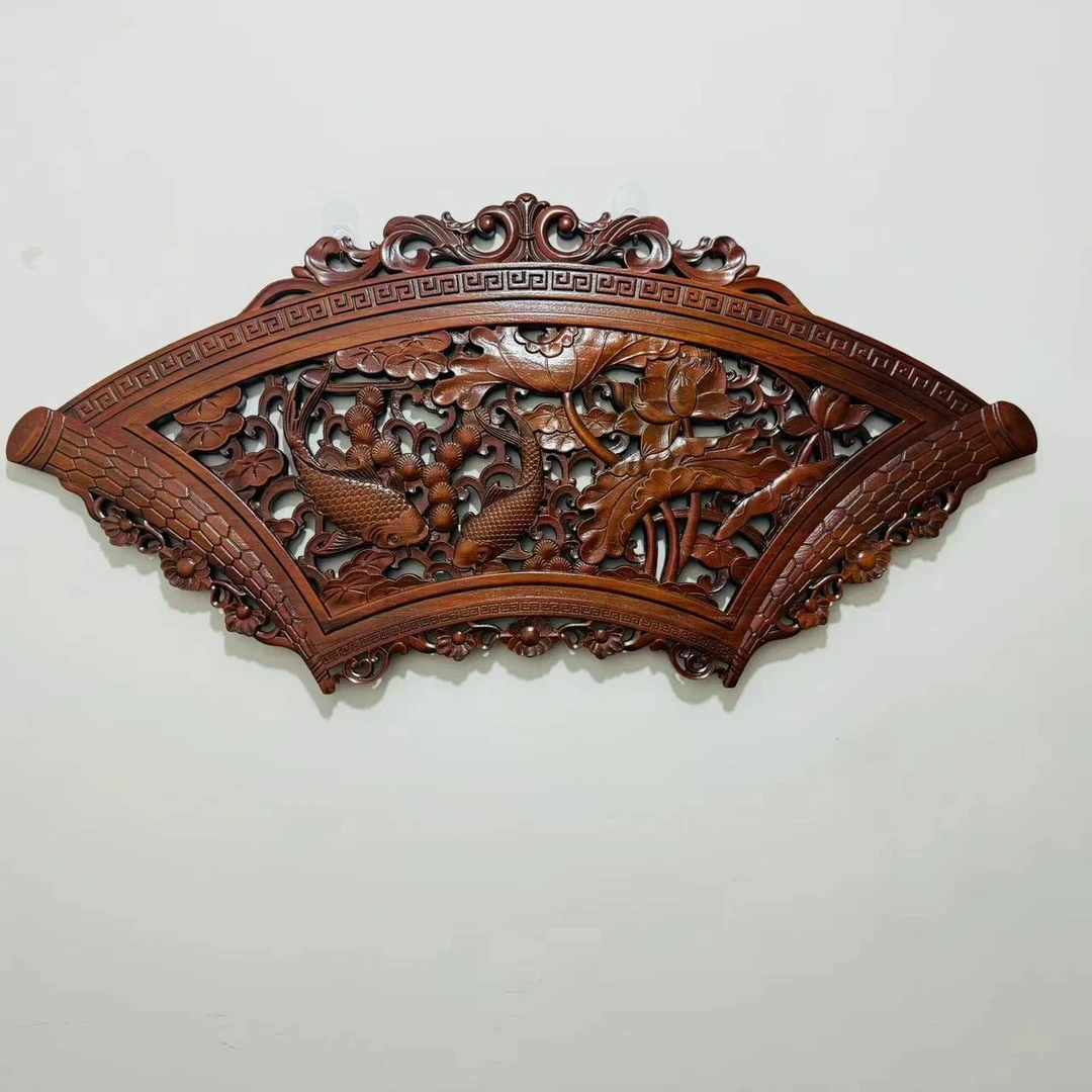 118*58cm 扇形荷花鲤鱼 匠心精美玄关实木木质传承工艺雕刻装饰画