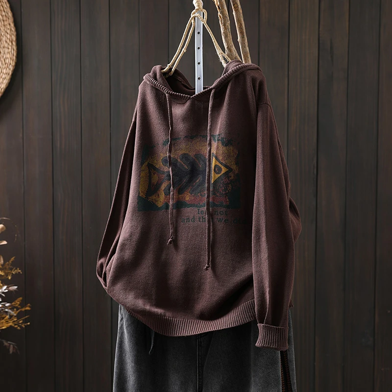 春装复古休闲套头外穿打底鱼印花连帽棉线毛衣女宽松长袖针织线衣