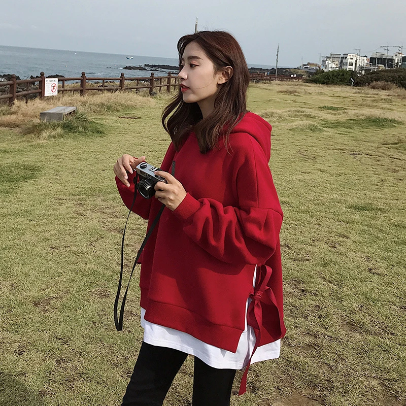 红色假两件连帽卫衣女2024秋冬新款韩版宽松bf慵懒风加绒外套ins