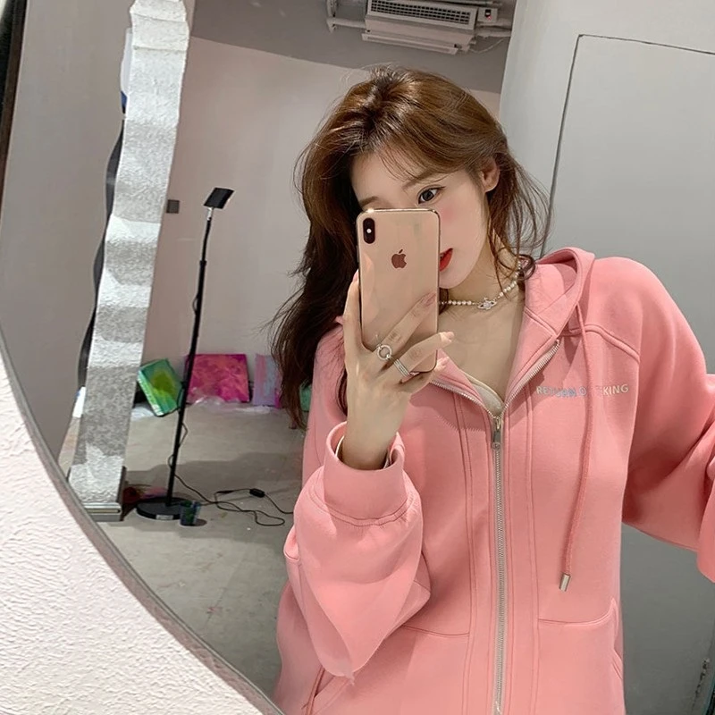 粉色拉链开衫卫衣女宽松bf慵懒风休闲中长款百搭秋冬加绒连帽外套