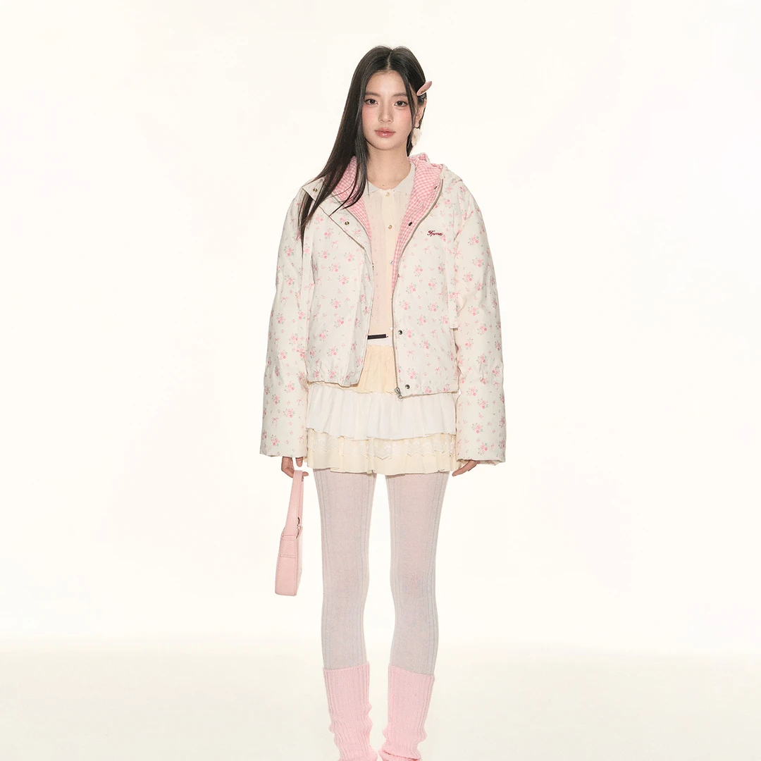 FPMZ碎花连帽撞色格子90白鸭绒羽绒服韩系甜美短款面包服外套