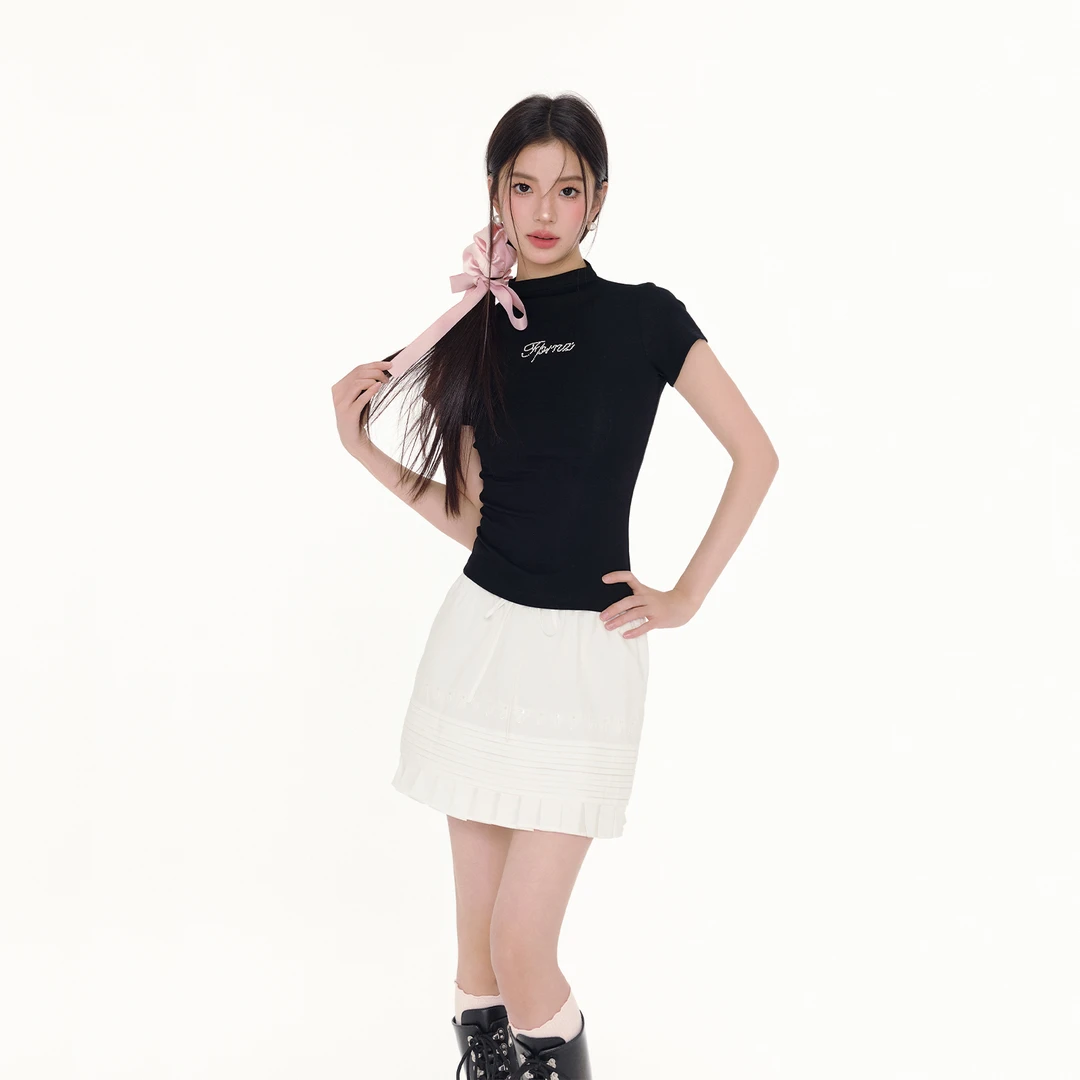 【郑丞丞专属】FPMZ珍珠烫钻logo基础百搭小高领修身短袖T恤显瘦