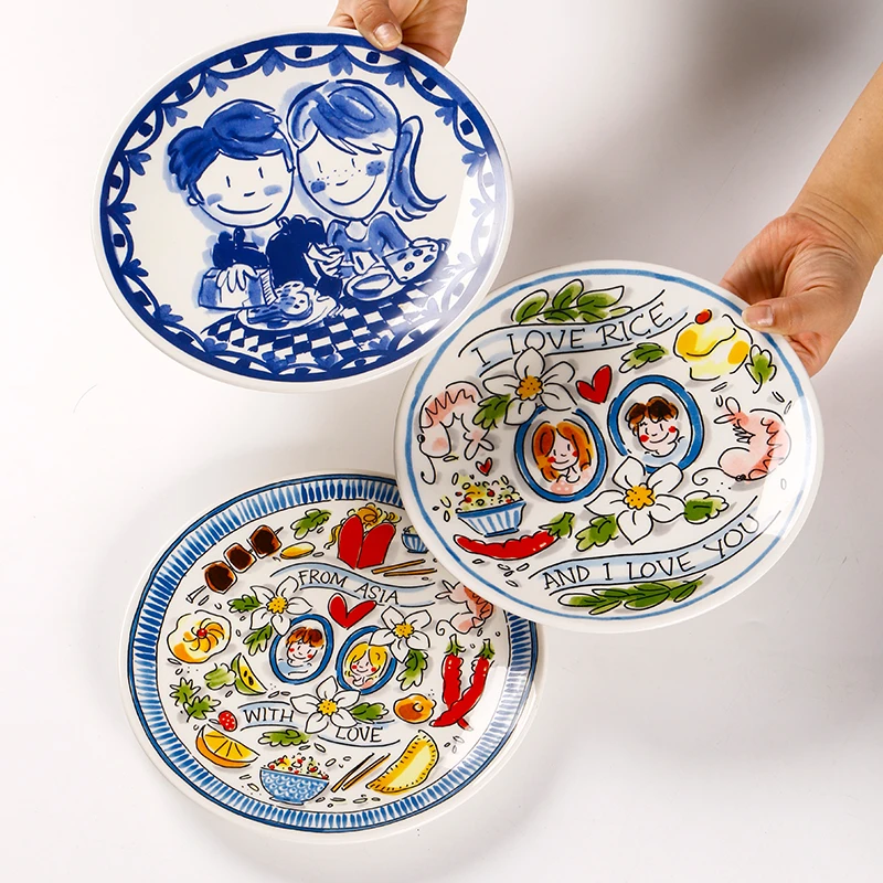 荷兰亚洲8英寸浅盘 家用陶瓷盘釉下彩点心盘菜盘子