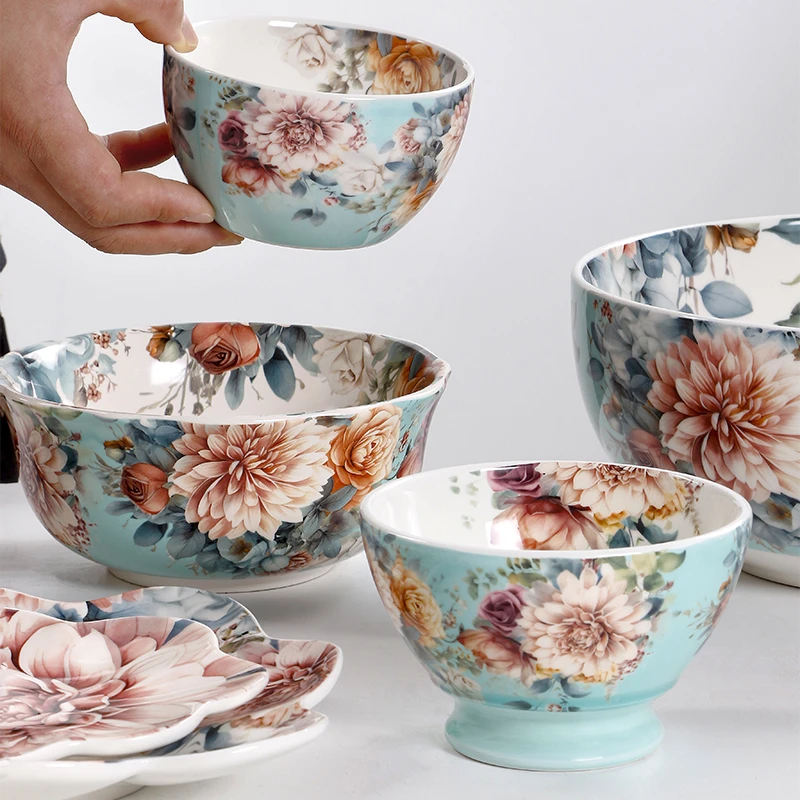 优美系列创意陶瓷餐具米饭碗家用个性面碗不规则大汤碗釉中彩