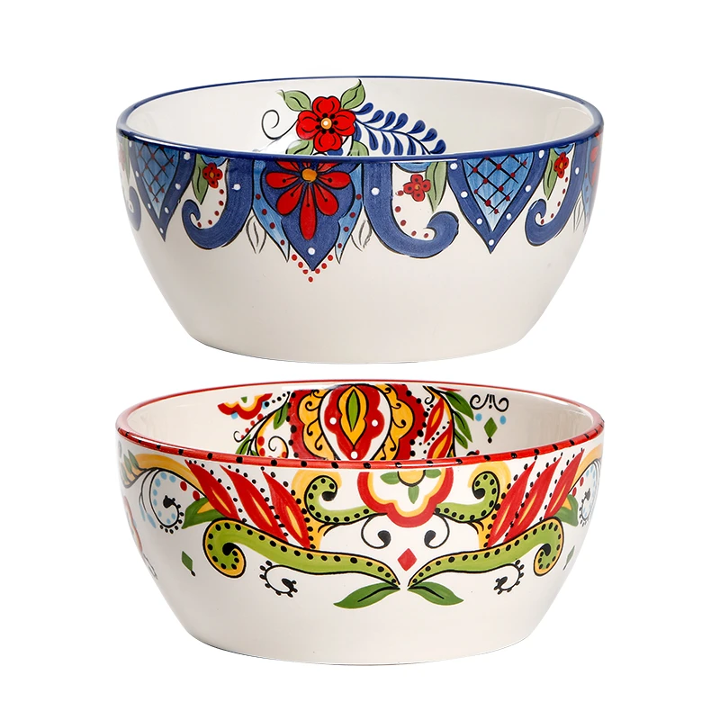 8英寸汤碗陶瓷彩绘平底沙拉碗炖菜碗  家用釉下彩零食碗大汤碗