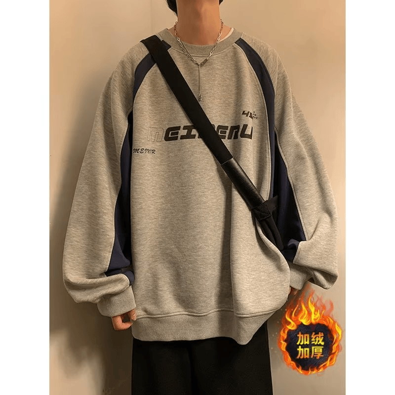 复古圆领加绒卫衣男秋冬款重磅美式vintage外套潮牌高街上衣长袖